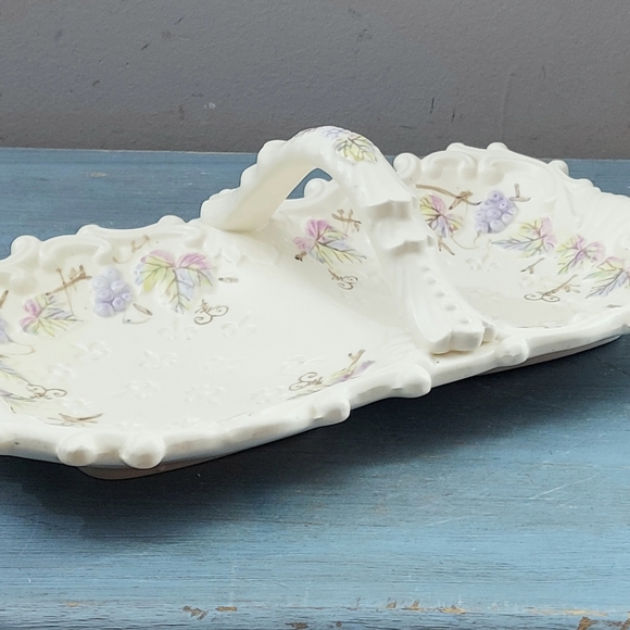 Vintage Ornate Embossed Grapes Divided Tray with Handle Japan - Picture 7 of 9